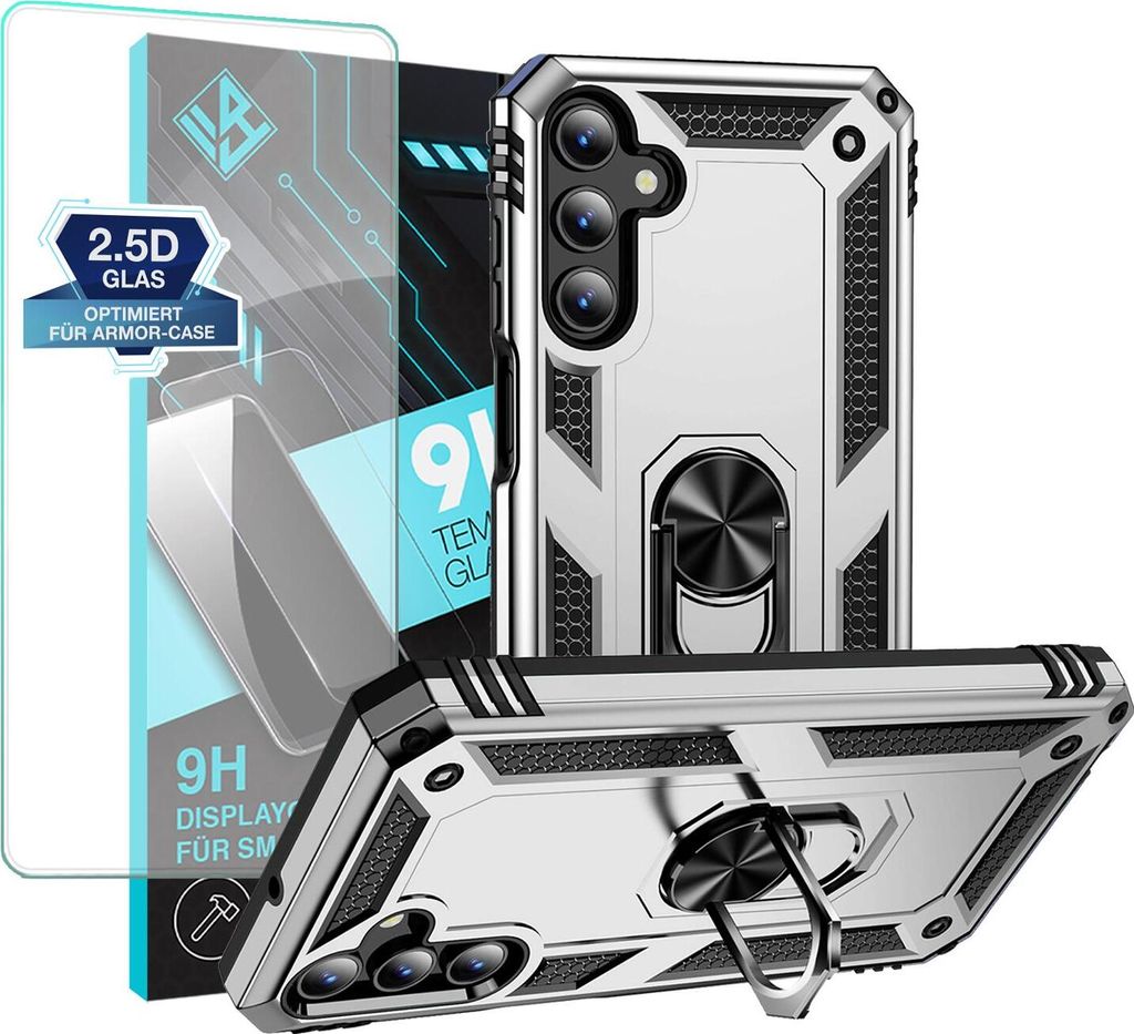 Armor Outdoor Handyhülle für Samsung Galaxy A15 / A15 5G Handy Panzer Case Schutzhülle mit 9H Displayglas Displayschutz Farbe: Silber