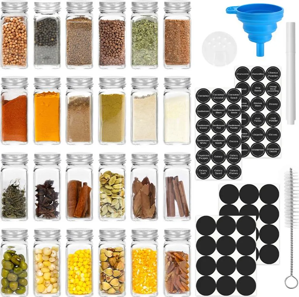 Jayseuw barattoli per spezie quadrati 24 pezzi 120ml barattoli per spezie in vetro con inserto per spolverare, etichette impermeabili, imbuto, spazzola per la pulizia contenitore per spezie accessori da cucina, coperchio in alluminio argento - 9