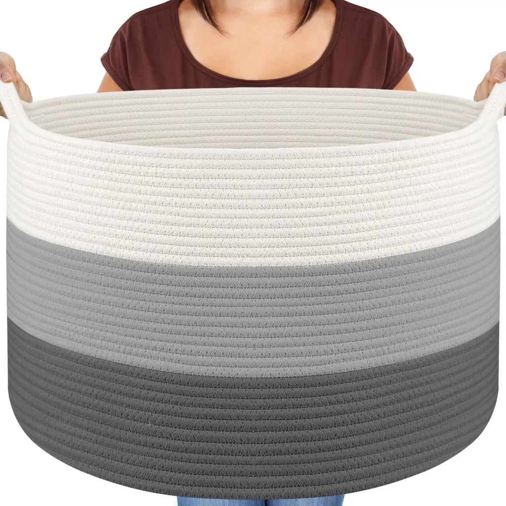 Grand panier de rangement avec poignées en coton pour plaids et coussins