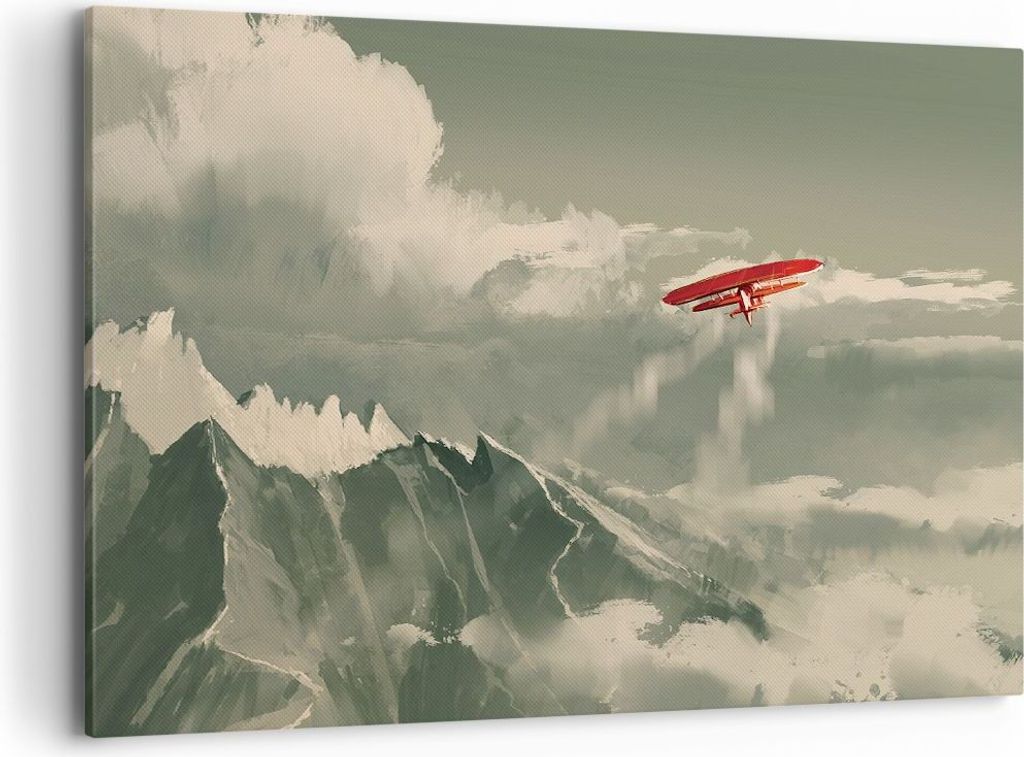 Bild auf Leinwand - Leinwandbild - Einteilig - Rot Flugzeug Berge - 100x70cm - Wand Bild - Wanddeko - Wandbilder - Leinwanddruck - Bilder - Wanddek...