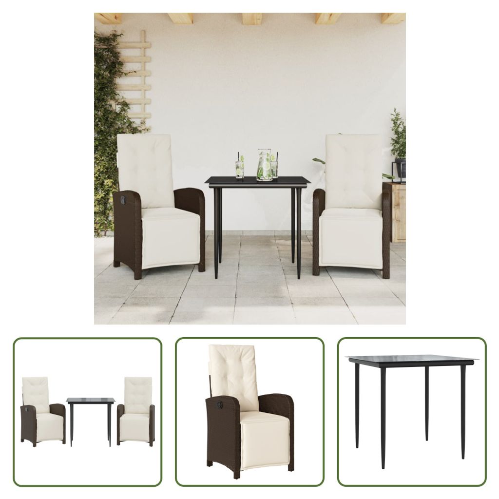 The Living Store 3-tlg. Bistro-Set mit Kissen Braun Poly Rattan