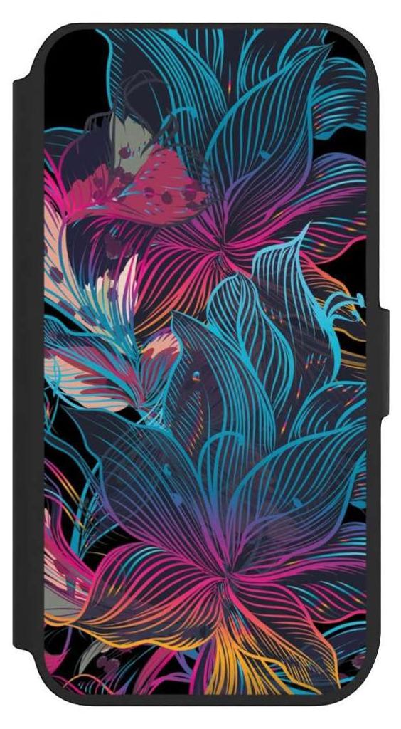 NIVOCASE Klapphülle für Apple iPhone 7 Handyhülle aus Kunst Leder NIVOflip schwarz Blumen Neon bunt