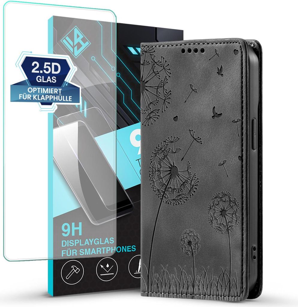 Handyhülle für Samsung Galaxy A56 5G RFID Schutz Klapphülle Case Cover Design Blume Pusteblume Schutzhülle mit 9H Displayglas Farbe: Schwarz