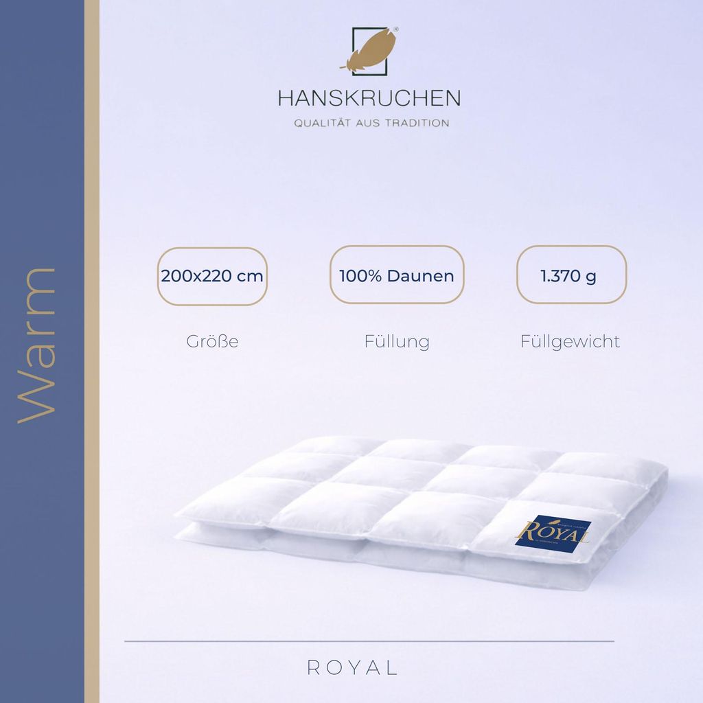 HANSKRUCHEN Royal Bettdecke Daunen 100% 200x220 cm Warm waschbar Allergiker Winterbettdecke atmungsaktiv Dauneneinziehdecke weiss