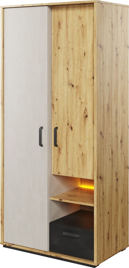 Furniture24 Kleiderschrank Qubic QB-03, Schrank, 2 Türiger Jugendzimmerschrank mit Kleiderstange, Schubladen, Einlegeboden und LED Beleuchtung