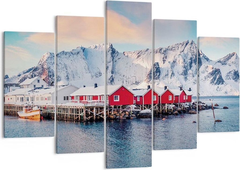 Bild auf Leinwand - Leinwandbild - 5 Teile - Lofoten Dorf Angeln - 150x100cm - Wand Bild - Wanddeko - Wandbilder - Leinwanddruck - Bilder - Wanddek...