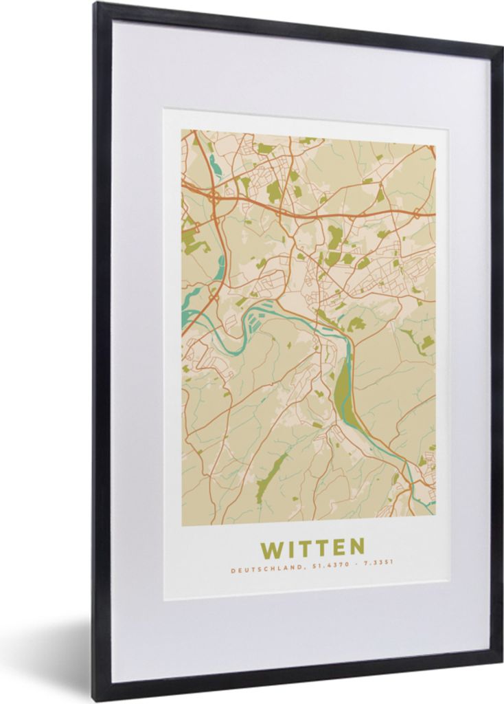 MuchoWow Gerahmtes Poster Witten - Karte - Vintage - Stadtplan 40x60 cm - Poster mit Schwarzem Bilderrahmen Wandposter Rahmen Foto Bilder - Poste...