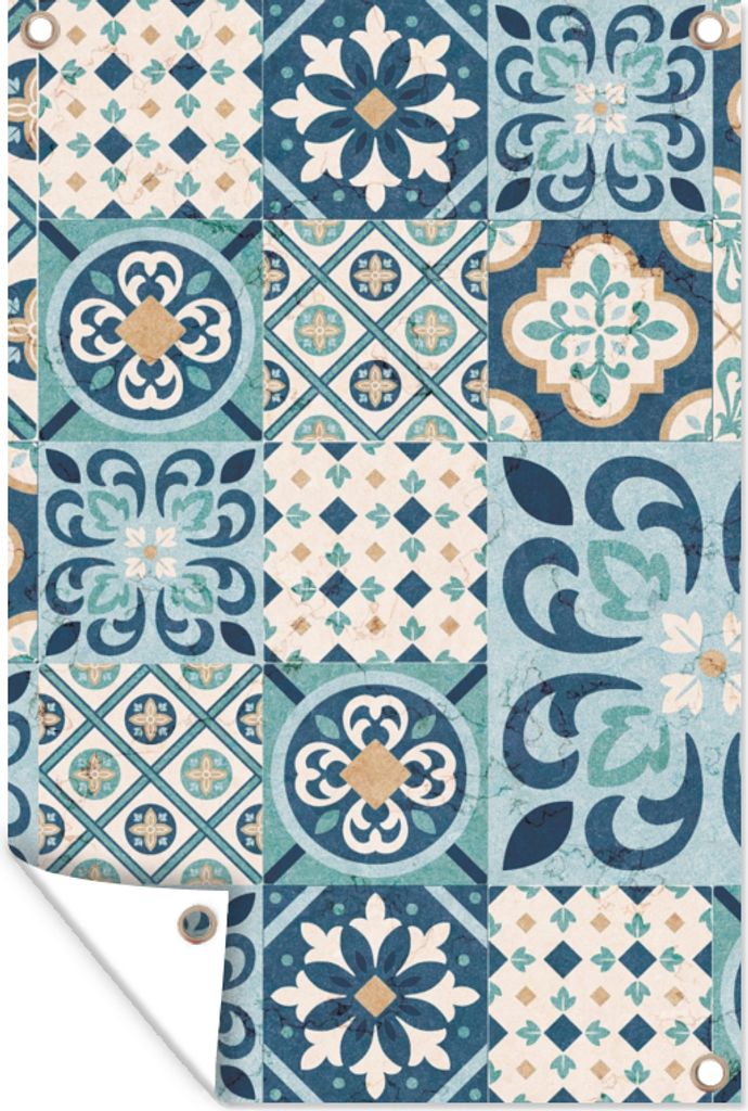 MuchoWow 40x60 cm Outdoor-Poster Gartendeko Sichtschutz Garten Poster für den Garten Blumen - Blau - Design - Fliese