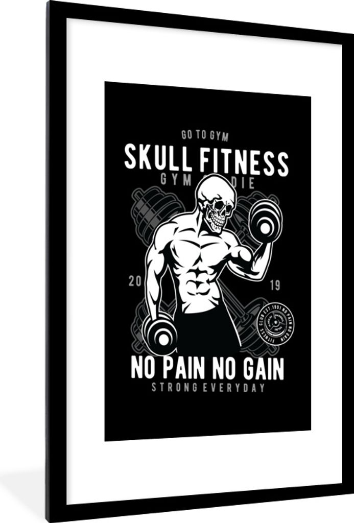 MuchoWow MuchoWow Gerahmtes Poster Gewichte - Fitness - Skelett - Retro 60x90 cm - Poster mit zchwarzem Bilderrahmen - Dekoration - Wandposter ...