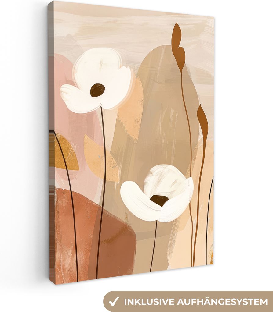 MuchoWow - Leinwandbilder - Blumen - Abstrakt - Beige - Strichzeichnung, Wandbild, Wanddeko Bilder Wohnzimmer, 40x60 cm