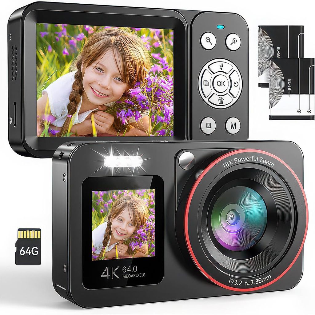 Digitalkamera 4K 64MP FHD Fotokamera für Kinder Fotoapparat 18X Digitalzoom Fotokamera Kompaktkamera mit 2 Bildschirme, 64GB SD Karte