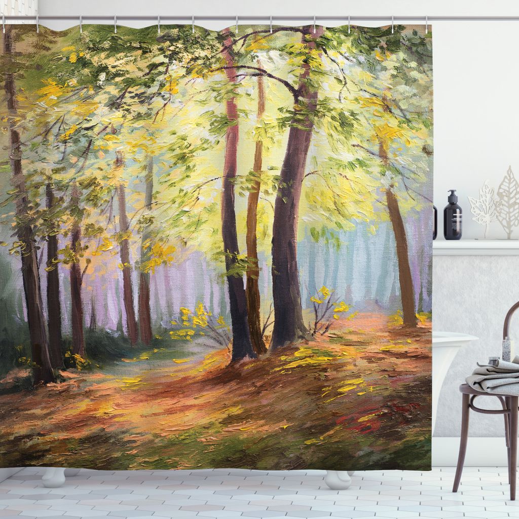 ABAKUHAUS Land Duschvorhang, Frühling im Wald Blätter, Wasser Blickdicht inkl.12 Ringe Langhaltig Bakterie und Schimmel Resistent, 175 x 200 cm, ...