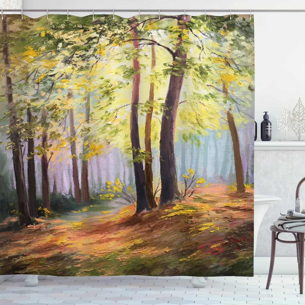 ABAKUHAUS Tenda da doccia Land, Primavera nel bosco Foglie, Acqua Opaca incl. 12 anelli Lunga durata Resistente a batteri e muffe, 175 x 240 cm, Marrone Verde