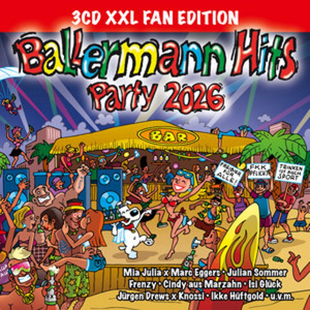 A lively cartoon illustration of a beach party scene with people dancing and celebrating, set against a backdrop of a bar and palm trees. The image is designed to evoke a festive and energetic atmosphere.