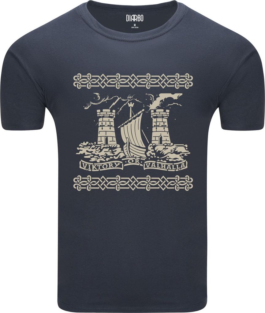 Diarbo Herren T-Shirt mit Wikinger Druck Sieg oder Walhalla Dunkelgrau Gr.S