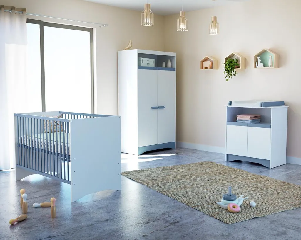 Commode à langer AT4 Cotillon pour chambre bébé, bois blanc et bleu