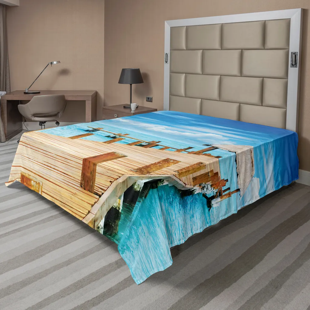 Drap de lit bord de mer pour déco de chambre zen bleu et beige sable
