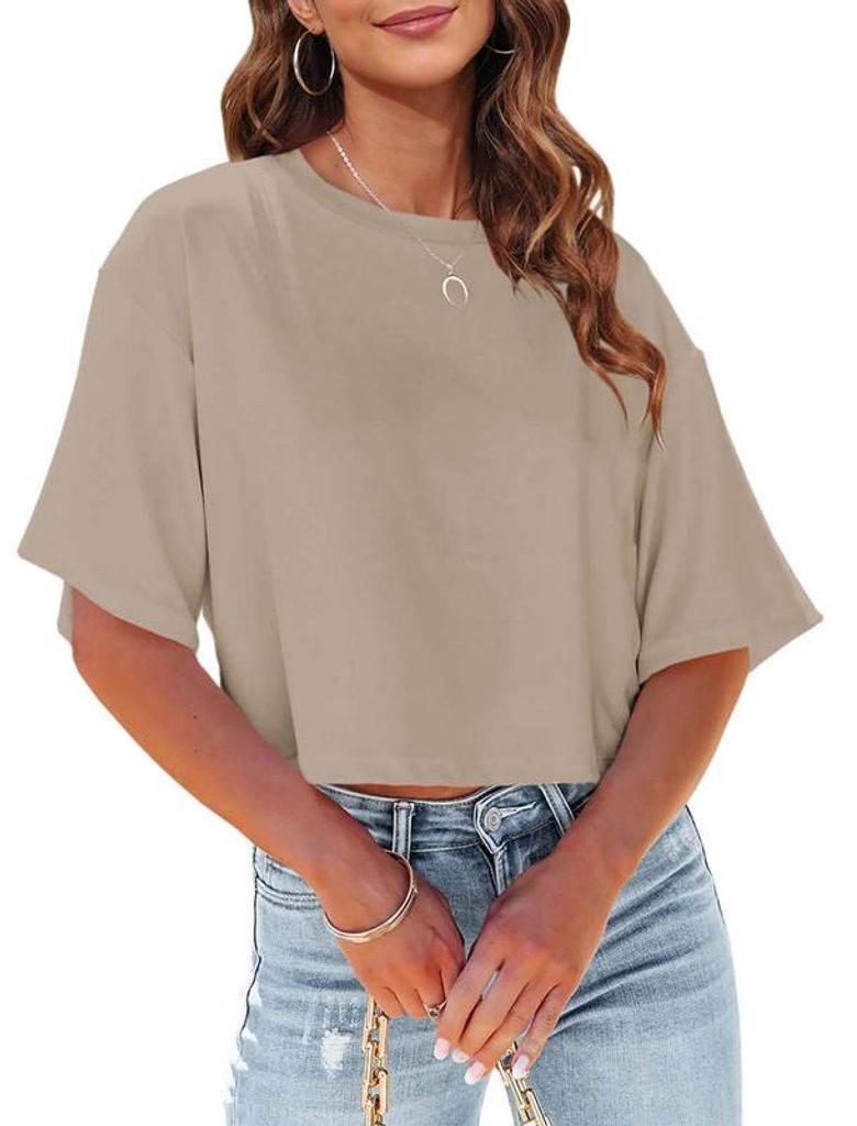 Kurzes Damen-T-Shirt in Unifarbe mit überschnittenen Schultern und Rundhalsausschnitt,Größe:M