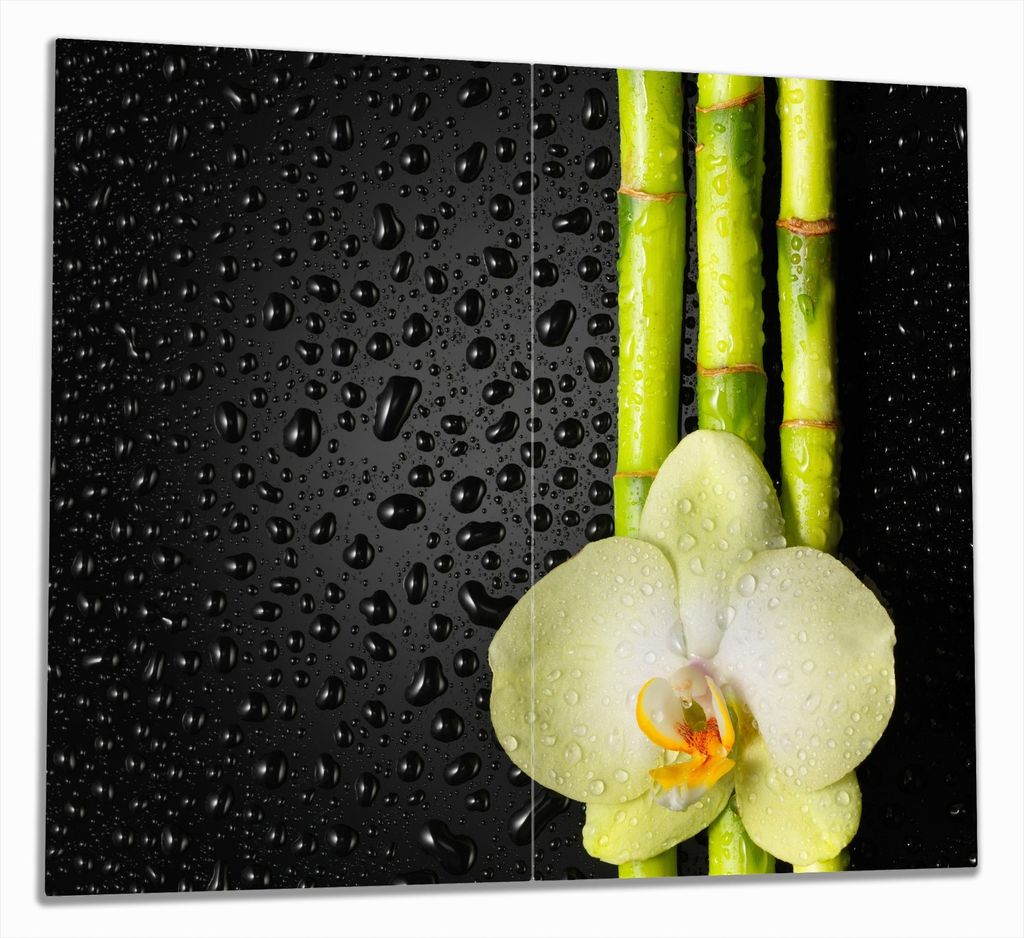 Wallario Herdabdeckplatte aus Glas, Größe 60 x 52 cm 2-teilig, Motiv Grüne Orchidee mit Bambus auf schwarz - Regentropfen