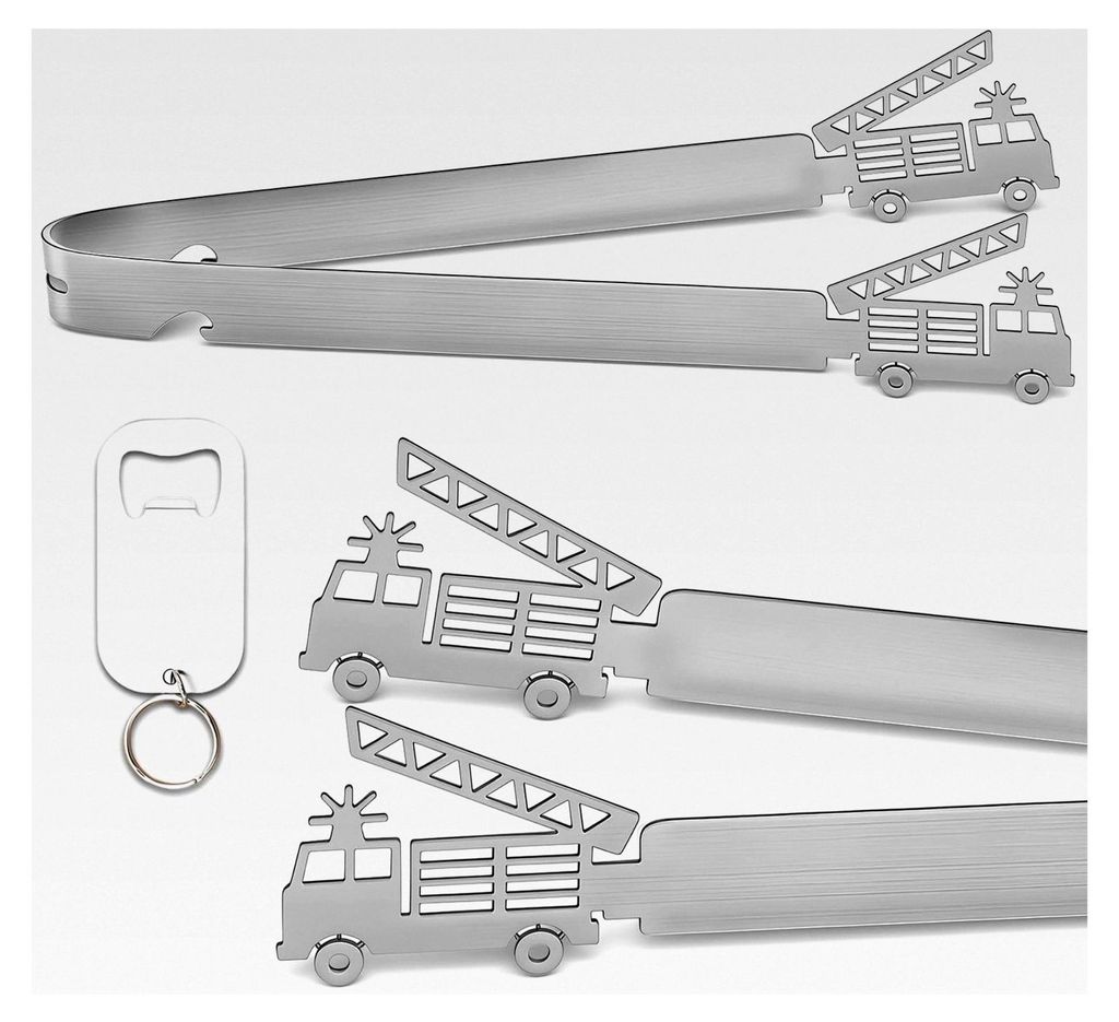 Grillzange im Feuerwehr-Design aus Edelstahl – Geschenkset mit Flaschenöffner und Schlüsselring, originelles Grillgeschenk für Männer