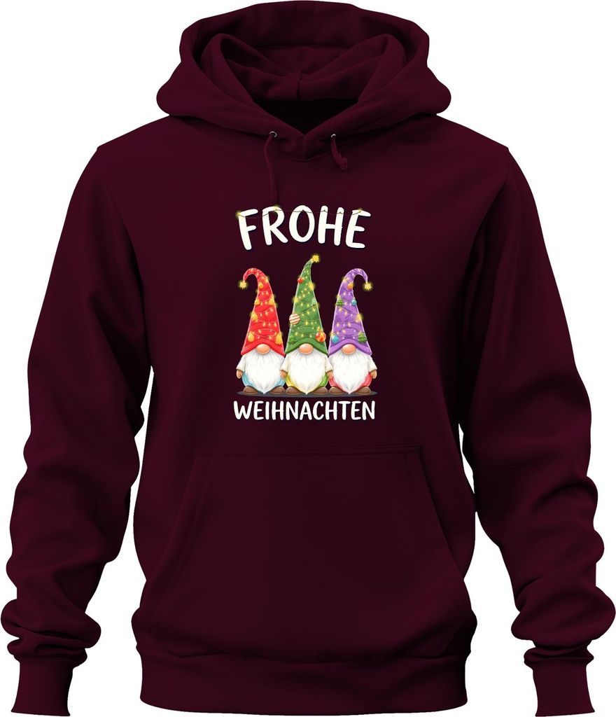 Frohe Weihnachten Wichtel Gnom Weihnachtsmütze Lichterketten Uni Hoodie Kapuzenpullover, Burgundy, M