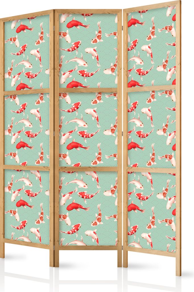 3-teiliger Einseitiger Vlies Japanischer Paravent - Fish and Japanese Pattern - Koi Fish in Orange-Cream Colors on a Green-Mint Background with an ...