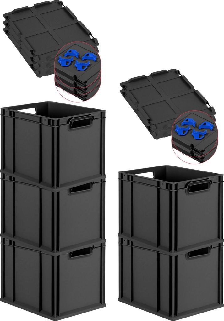 SuperSparSet 5x Eurobox NextGen Grip mit Scharnierdeckel und blauen Schiebeschnappverschlüssen | HxBxT 32x30x40cm | 30 Liter | Schwarz | Griffe of...