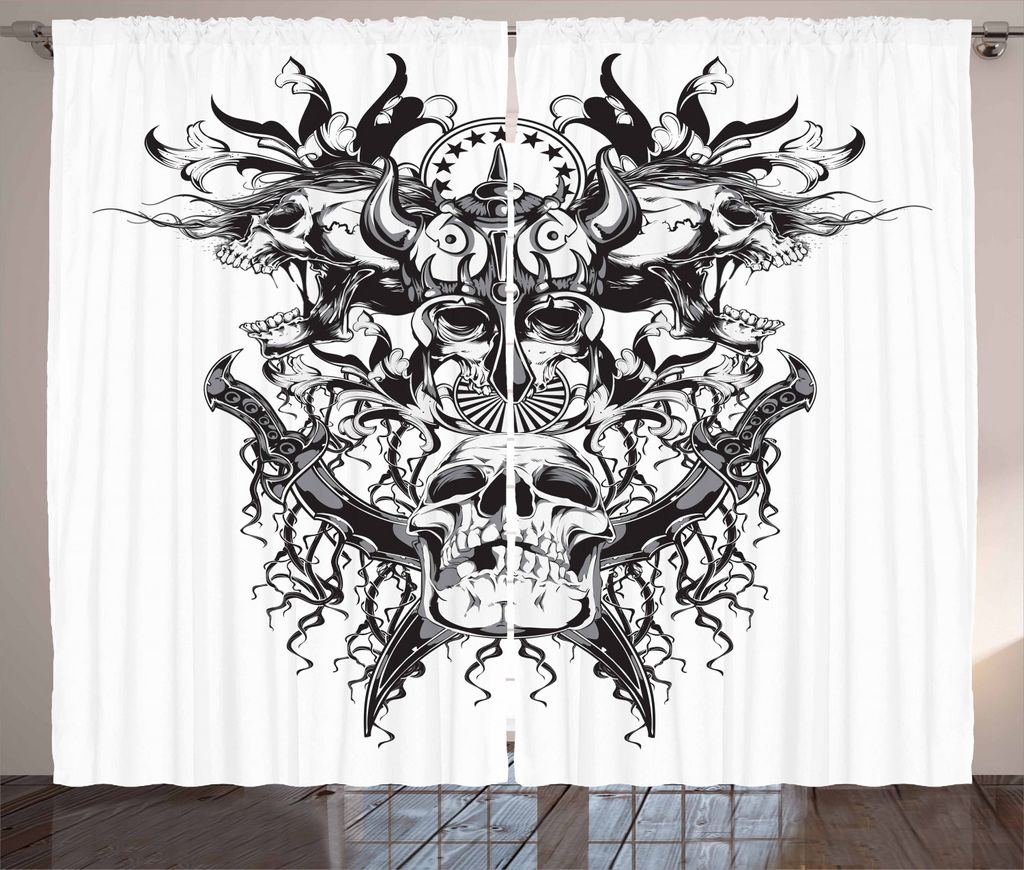 ABAKUHAUS Wikinger Rustikaler Vorhang, Schädel eines Kriegermotivs, Wohnzimmer Universalband Gardinen mit Schlaufen und Haken, 280 x 225 cm, Weiß...
