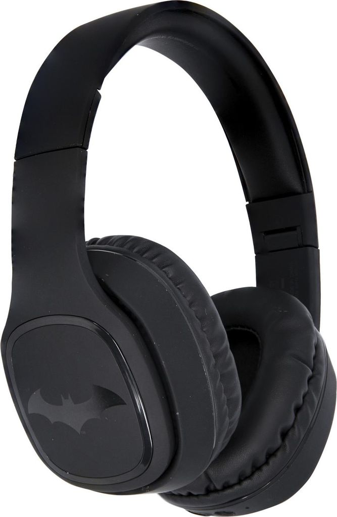 A black pair of over-ear headphones with a Batman logo on the side, isolated on a white background.