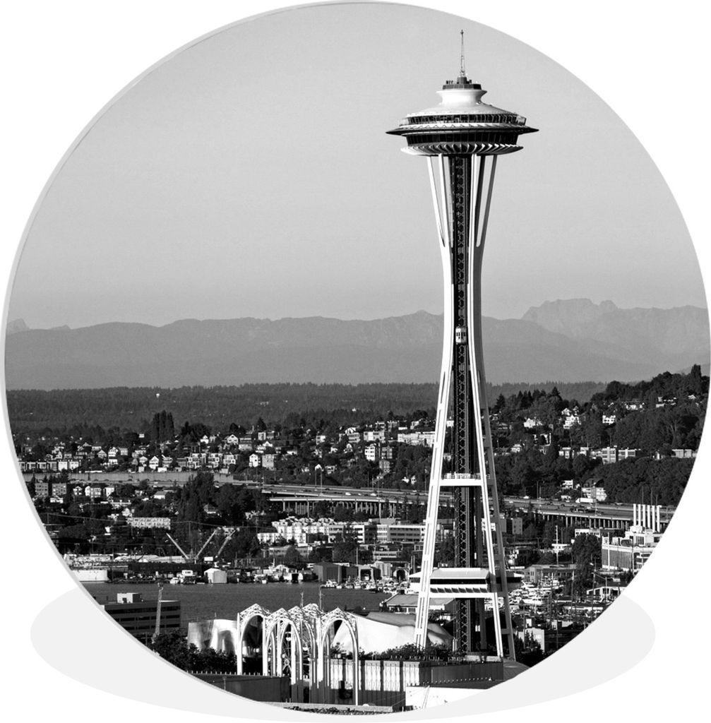 MuchoWow Rundes Wandbild - Runde Bilder Space Needle in Seattle - schwarz und weiß Ø 90 cm Kreis Wanddekoration Kunststoff - Wandkreis - Wandsc...