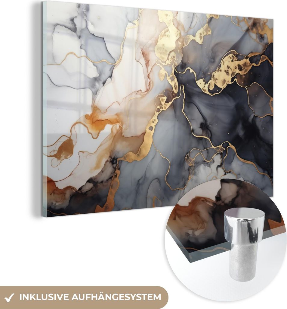 MuchoWow Glasbilder - Bilder auf Wandbild - Foto auf Glas Marmor - Schwarz - Gold - Weiß 30x20 cm Wanddekoration aus Glas - Acrylglasbild - Acrylb...