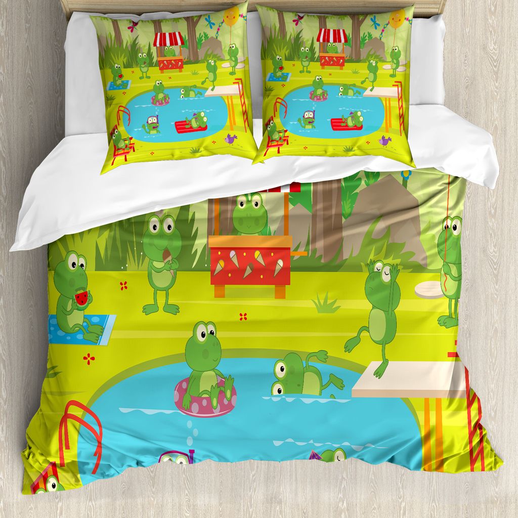 ABAKUHAUS Frösche Bettbezug Set für Einzelbetten, Tier-Pool-Party Fun Forest, Milbensicher Allergiker geeignet mit Kissenbezug, 155 cm x 220 cm -...
