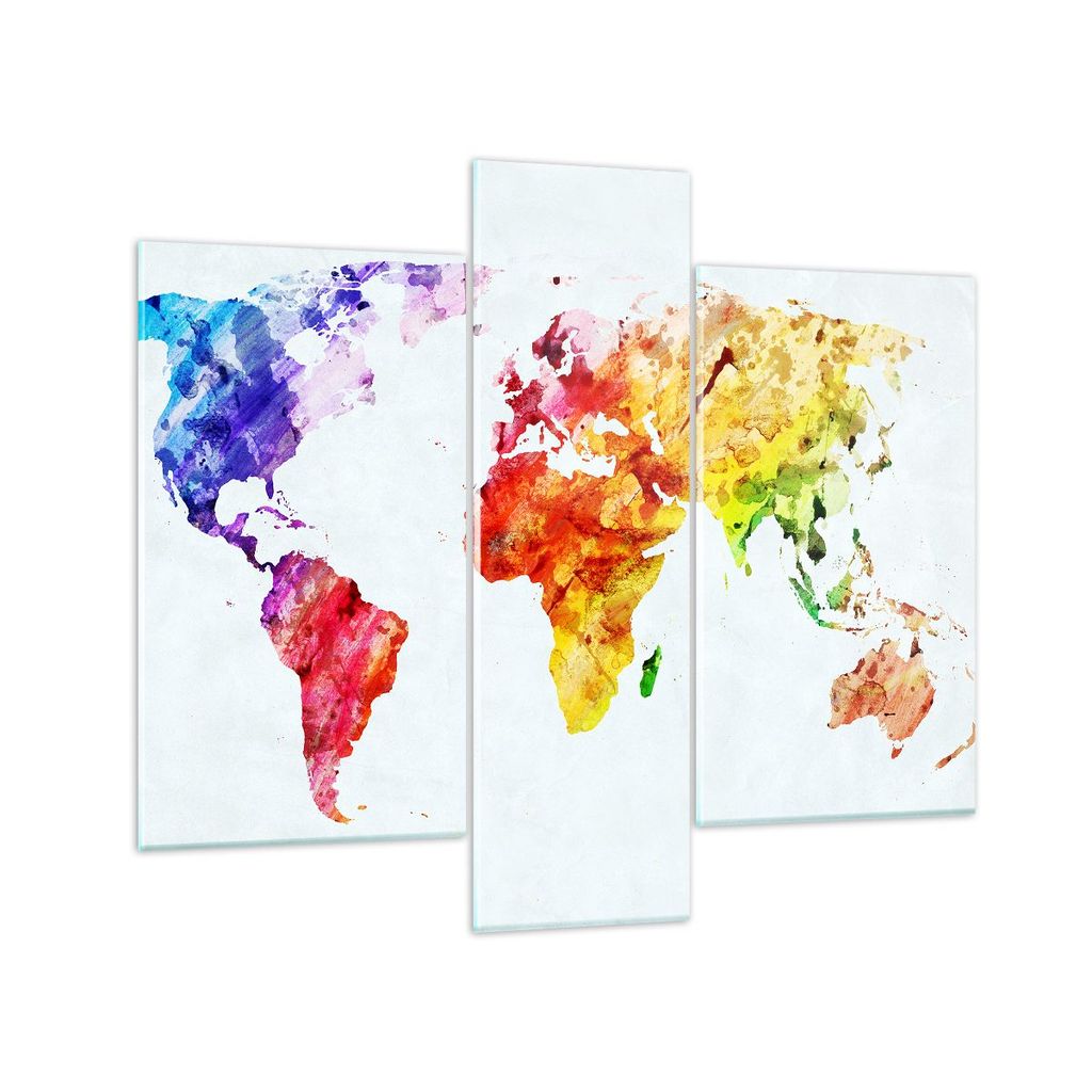 Bilder auf glas - Welt Karte Bunt Kontinente - 95x80cm - Glasbilder - Wandbilder - Kunstdruck - zum Aufhängen bereit - Wanddekoration aus Glas - G...