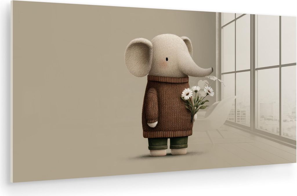 MuchoWow Glasbilder - Bilder auf Wandbild - Foto auf Glas Elefant - Weiße Blumen - Kinderfreundlich 120x60 cm Wanddekoration aus Glas - Acrylglasb...
