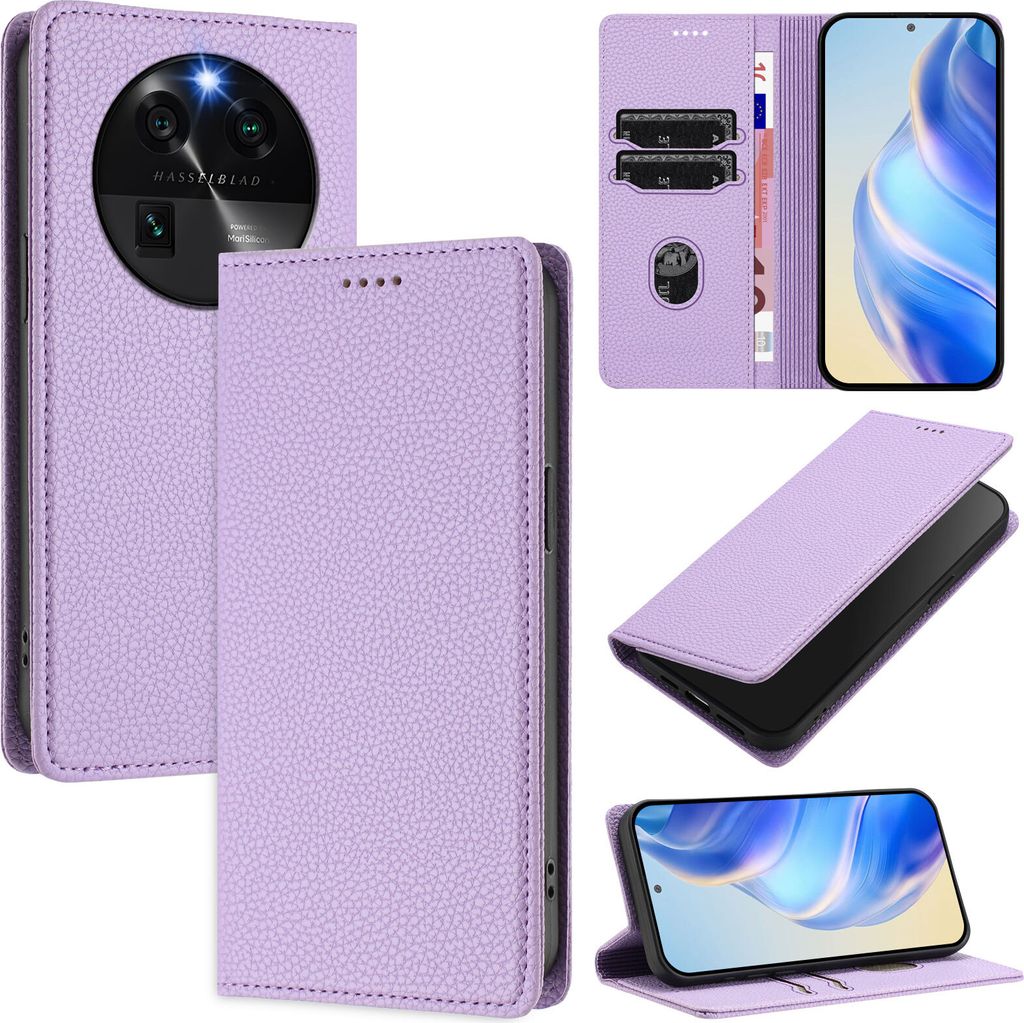 Litchi Leder Handyhülle für Oppo Find X6 Wallet Kartenfächer Standfunktion Hülle Violett