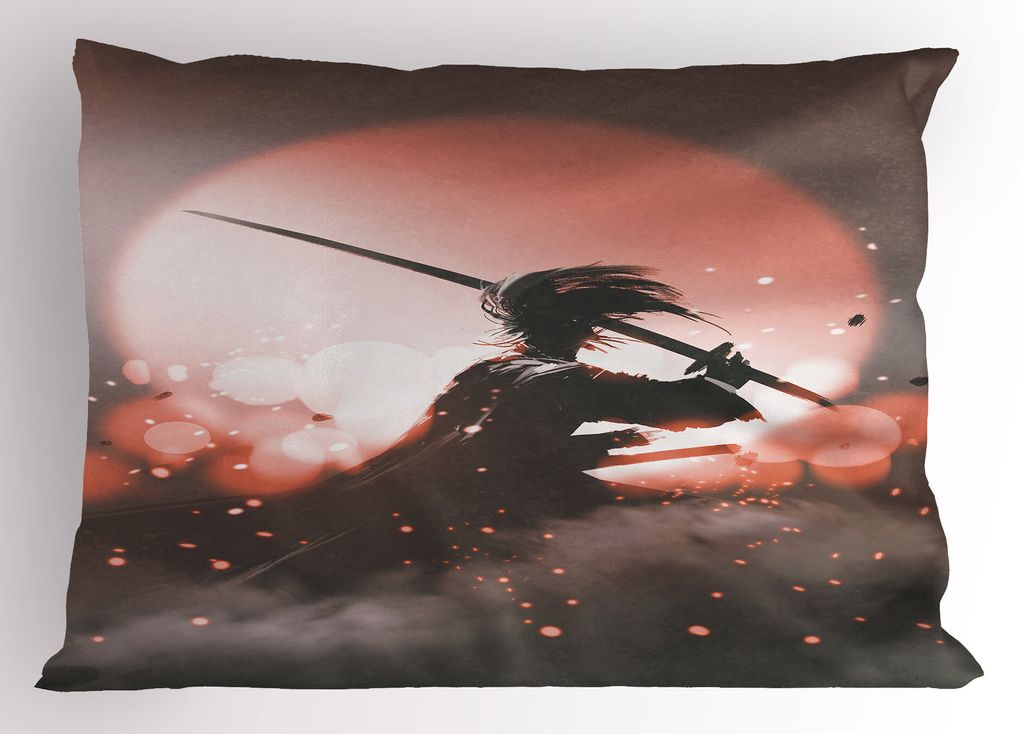 ABAKUHAUS japanisch Kopfkissenbezug, Reflexion Eines Samurais Dunstige Sonnenuntergang Frei Von Tod Konzept Bild, 40x80 cm, Lachs Umbrabraun