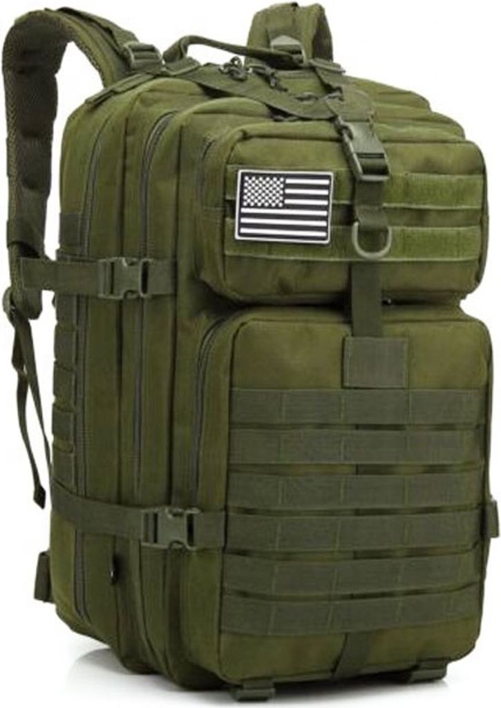 A green tactical army backpack with an American flag patch.