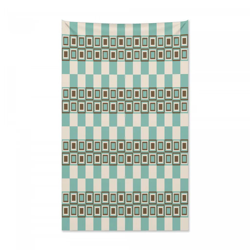 Abakuhaus Arazzo geometrico e copriletto, quadrati retrò Artsy in morbido tessuto microfibra Colori chiari che non sbiadiscono Lavabile, 140 x 230 cm, turchese, marrone terra d'ombra, crema