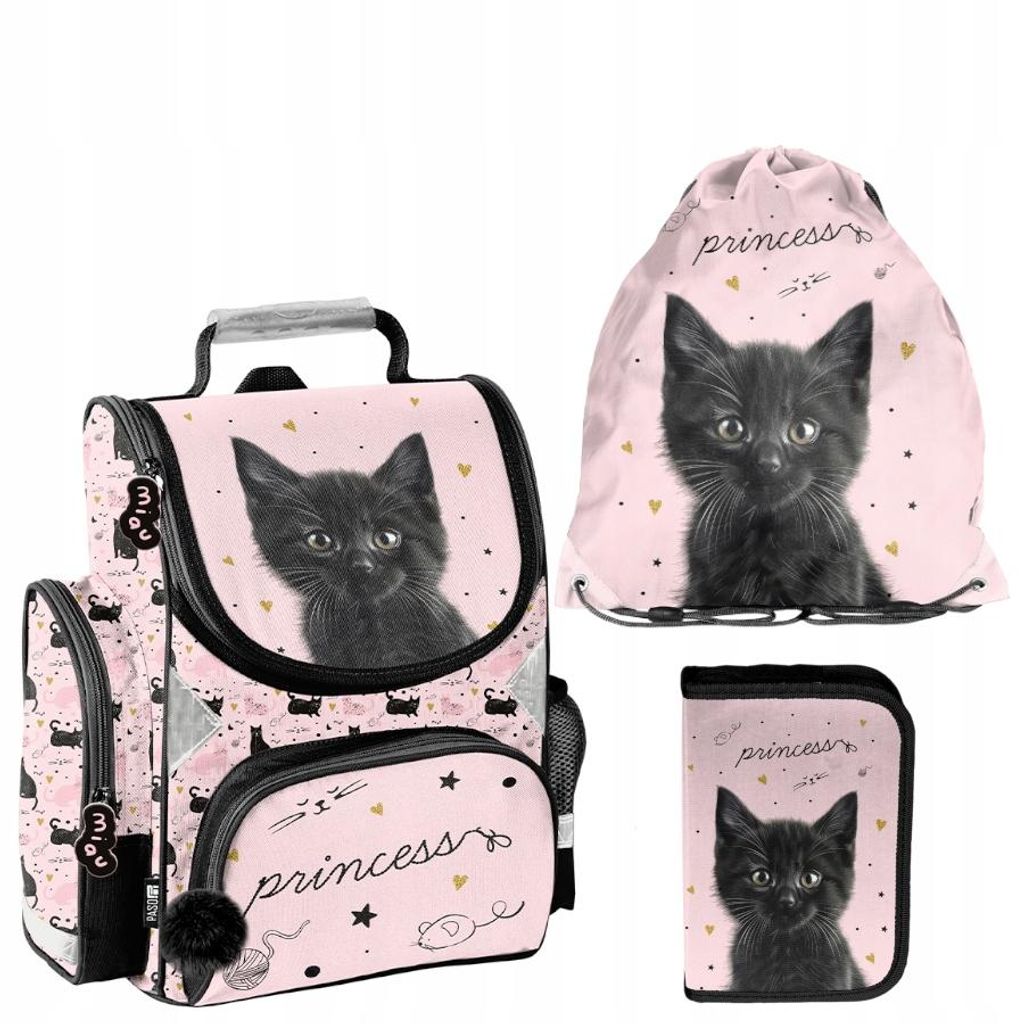 Schulranzen 3-tlg. Set für Mädchen & Jungen KATZE – Paso Ranzen, Mäppchen, Tasche rosa