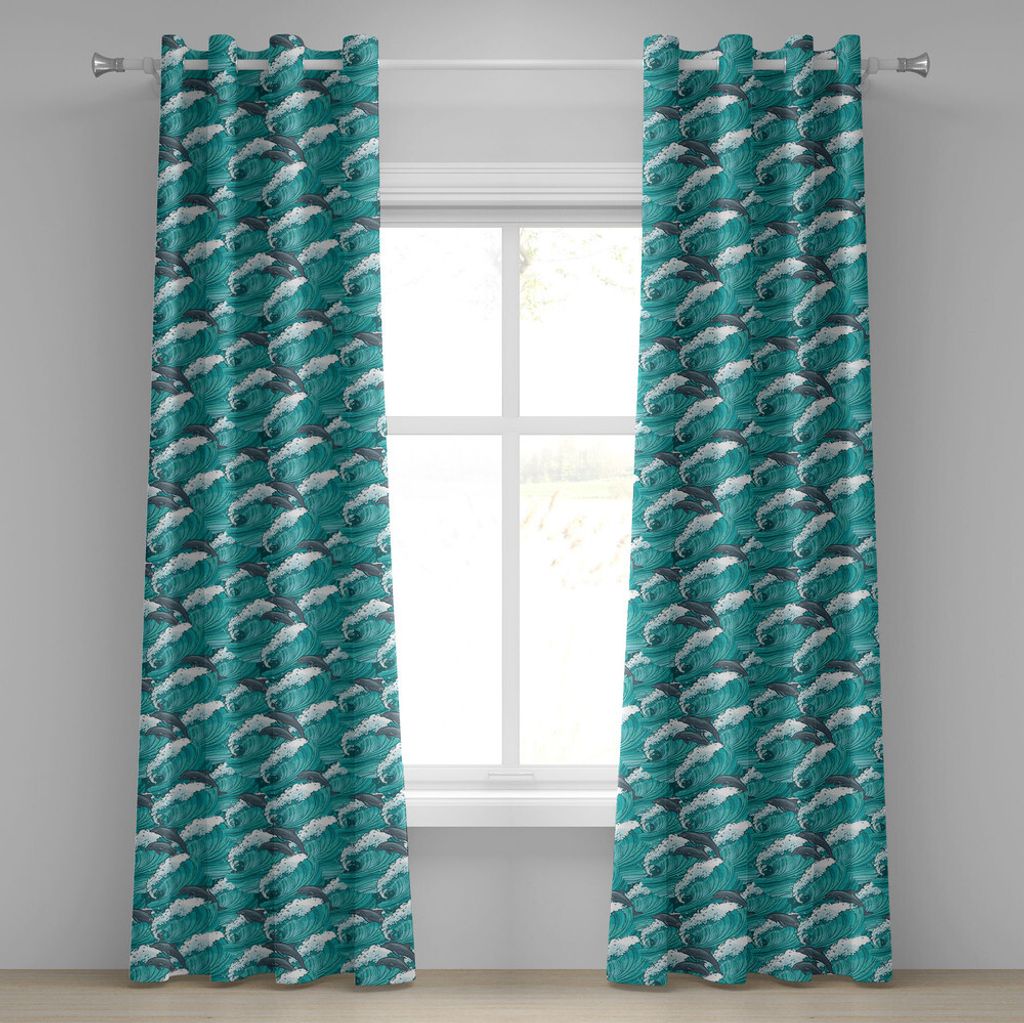 ABAKUHAUS Meerestiere Ösenvorhang, Wellenförmiger Ozean Mit Delphinen Windy Surfing Style Kunstdruck, Dekorative 2-Panel-Fenstervorhänge, 280 cm...
