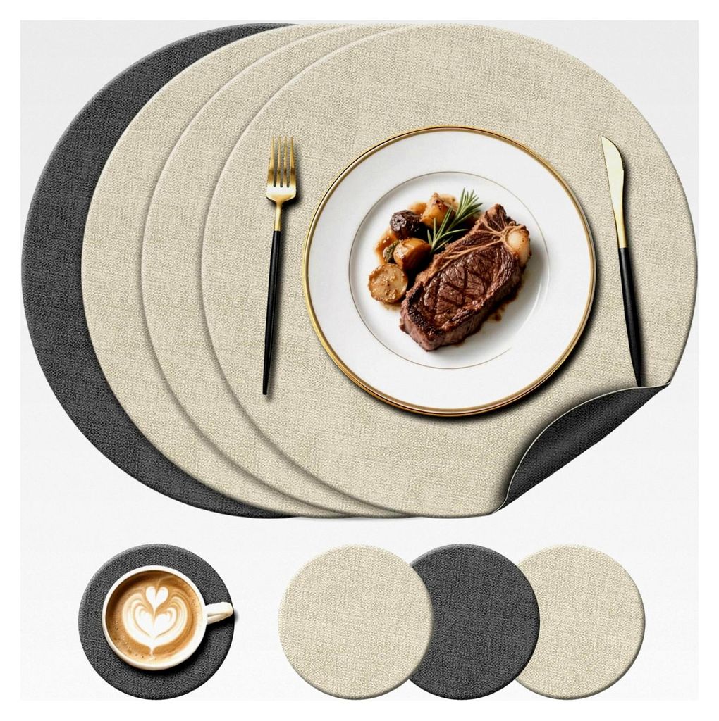 Runde Platzsets aus Leder (38 cm) und Untersetzer (10 cm), hitzebeständig bis 100 °C, doppelseitig, rutschfest, waschbar, Tischset für Hotel, K...