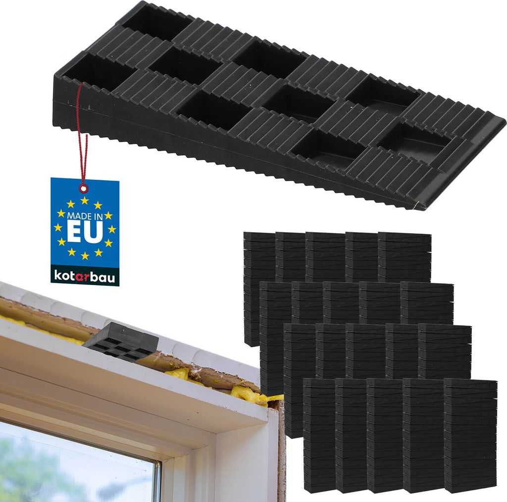 KOTARBAU 500er Set Montagekeile Kunststoff 94 x 44 x 14 mm für Fenster Türen Türzarge Fensterrahmen Schwarz