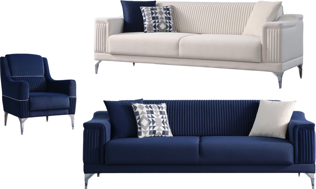 Villa Möbel Sofa Set Santiago Farbe: Blau-Creme Stellvariante:2+2+1 mit Relax-/Bettfunktion durch umklappbare Rückenlehne