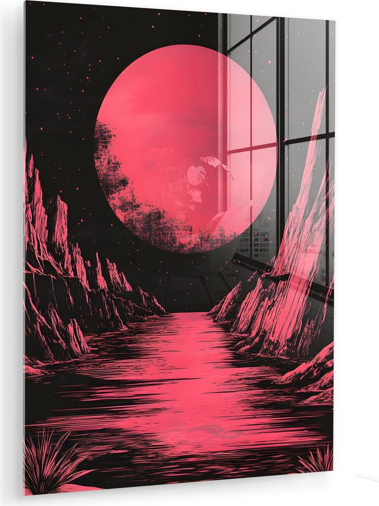 MuchoWow Glasbilder - Bilder auf Wandbild - Foto auf Glas Mond - Helles Rosa - Berge - Fluss 30x40 cm Wanddekoration aus Glas - Acrylglasbild - Acr...