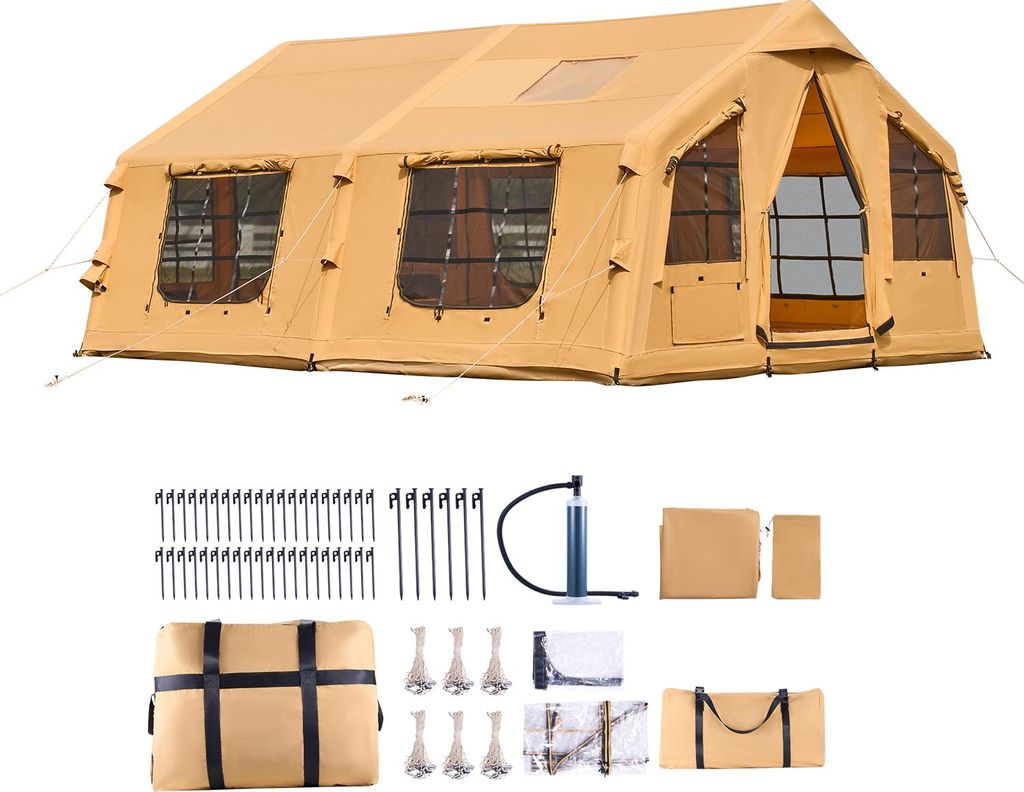 SucceBuy Aufblasbares Campingzelt für 8-12 Personen mit Handpumpe, 4,8x3,6x2,2 m Glamping-Zelt mit Oberlichtern, Vordach, Ofenöffnung, zwei Türe...