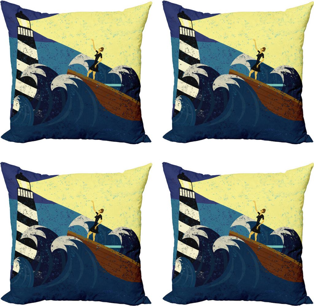ABAKUHAUS Leuchtturm Kissenbezug Set (4 Stück), Grunge Sea Storm, Moderner Doppelseitiger Digitaldruck, 50 cm x 50 cm, Dunkelblau Gelb Braun