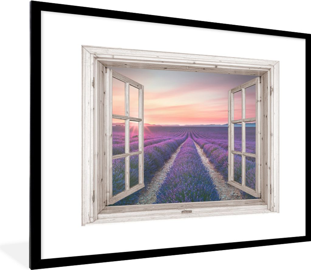 MuchoWow Gerahmtes Poster Durchsichtig - Lavendel - Blumen - Holz - Sonnenuntergang - Lila 80x60 cm - Poster mit Schwarzem Bilderrahmen Wandposte...