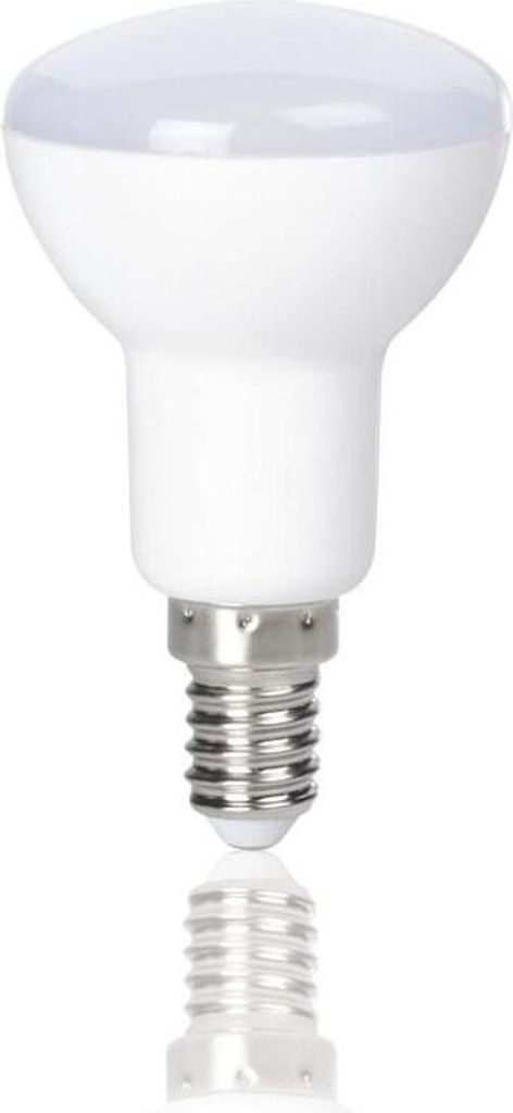 A white LED light bulb with a silver screw base is shown against a white background. The bulb is reflected below it.