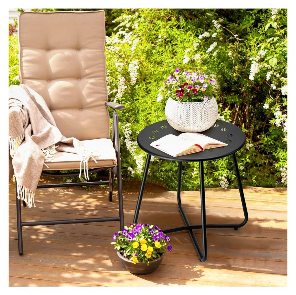 Beistelltische für den Außenbereich mit Blumenausschnitten, kleiner runder Gartentisch, wetterfester Stahl-Couchtisch für Patio, Hof, Balkon, Ga...