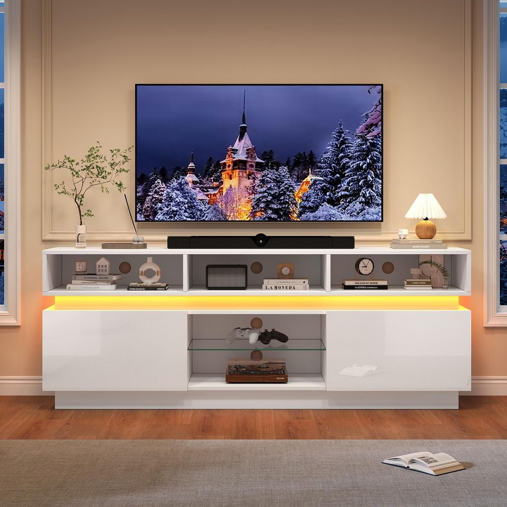 Merax TV-Schrank mit 4 Ebenen und 10 Staufächer, TV-Lowboard aus gehärtetes Glas, LED-Wohnzimmerschrank für Fernseher bis 60 Zoll, Hochglanz Weiß